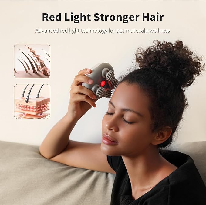 Breo Portable Mini Scalp Massager – IPX7 Waterproof Rechargeable Head Massager for Scalp Relax, Stress Relief Tool with Bamboo Wood Charging Base, Removable Massage Nodes (Silver with Base)