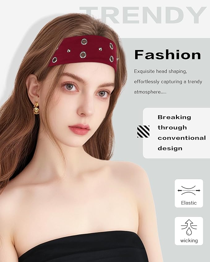 Grommet Headband for Women, Red Triangle Studs 23cm Hollow Out Elastic Hair Band, Eyelets Punk Grunge Stylish Hairband