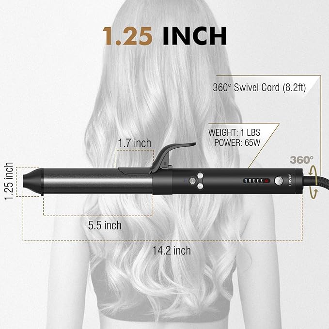 Luxspire Rotating Curling Iron, 1 1/4 inch Automatic Curling Iron Instant Heat Ionic Curling Wand with Long Titanium Barrel for Long Hair, Professional Self Curling Wand Hair Curler, Black