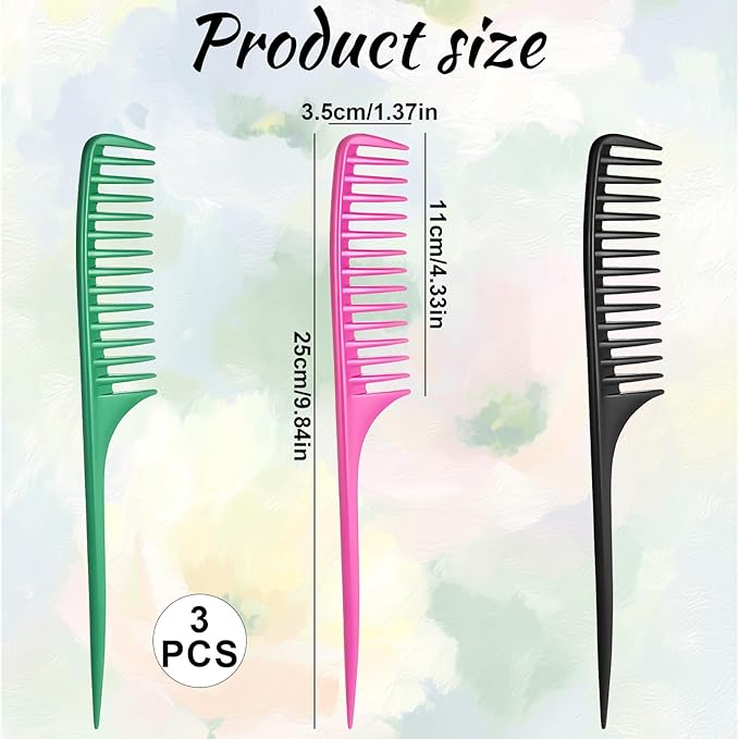 Wide Tooth Rat Tail Comb Set for Sectioning Styling Heat Resistant and Anti-Static Hair Detangling Combs for All Hair Types 3 Pcs