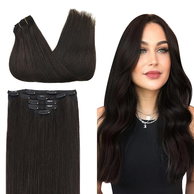 DOORES Clip in hair extensions, 5pcs 75g Dark Brown 14 Inch Human Hair Extensions Clip in Remy Hair Extensions Natural Straight