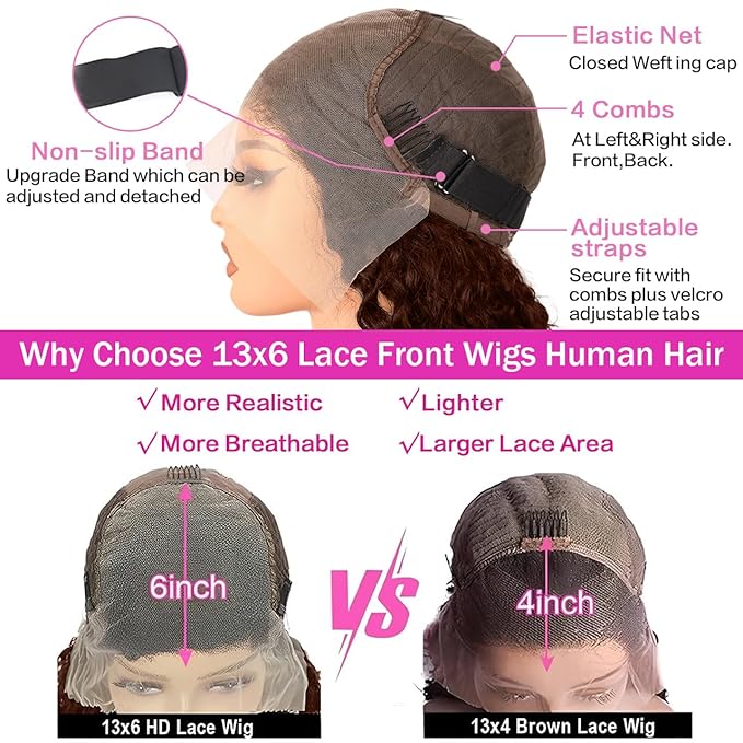 Anderah Chocolate Brown Deep Wave Lace Front Wigs Human Hair 200 Density 13x6 HD Lace Frontal Wigs Curly Human Hair Wig For Women Pre Plucked with Natural Hairline 4# Brown Color (28inch)
