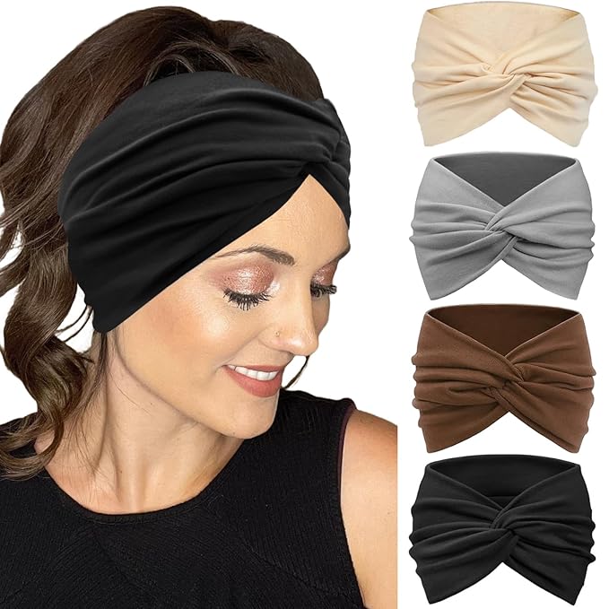 IVARYSS Extra Wide Headbands for Women Non-Slip, 7'' Large Twist Knotted Stretchy Wraps Head Bands Hair Accessories, 4 Pack, Neutral Color