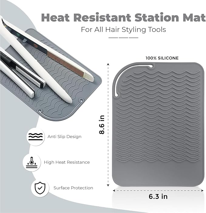 Silicone Hair Tool Holder & Heat Mat - Heat Resistant Mat for Hair Tools, Flat Iron, Curling Iron, Anti Heat Pad for Hair Straighteners - Professional Soft Rubber Pad & Flat Iron Cover