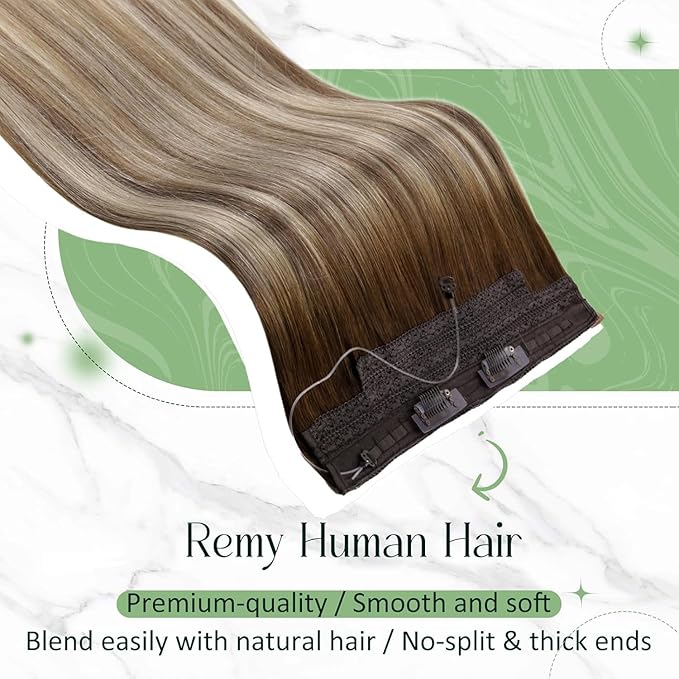 RUNATURE Brown Balayage Wire Hair Extensions Real Human Hair, Invisible Wire Hair Extensions Short, Remy Straight Soft Hair，Natural Blending, 12 Inch 70g #3/8/22 Walnut Brown Ombre Light Blonde