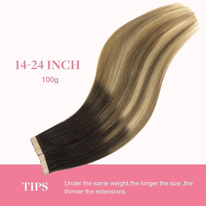 GOO GOO Tape in Hair Extensions Human Hair, 2/6/18 Balayage Brown to Dirty Blonde, 20inch 100g 40pcs, Skin Weft Seamless Invisible, Silky Straight with Thick Ends, Remy Human Hair