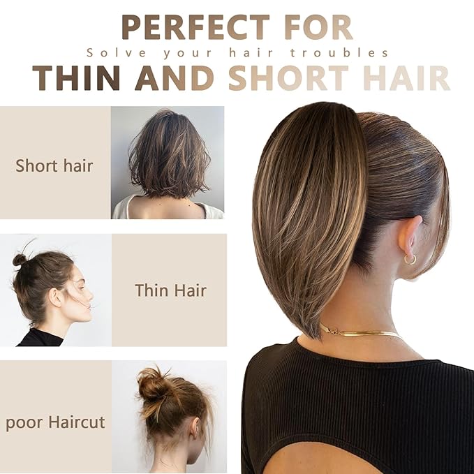 10 Inch Ponytail Extension - Straight Pony Tails Hair Extensions, Claw Clip Ponytail Extension, Synthetic Hair Extensions Ponytail, Clip in Ponytail (Color: Chestnut Brown With Golden Highlights)