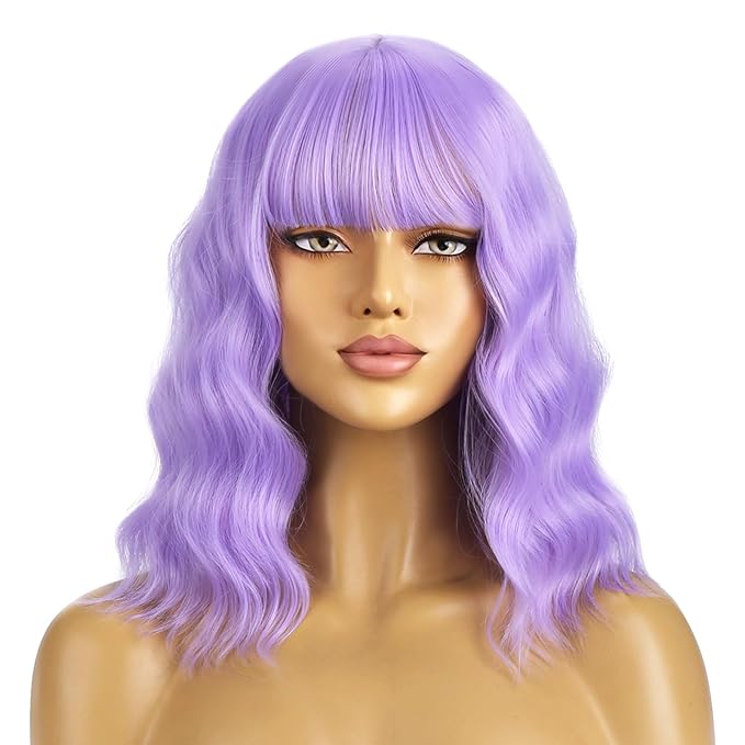 BERON 14 Inches Purple Wig Short Curly Wig Women Synthetic Wigs Lavender Purple Wigs with Bangs Hairnet Included