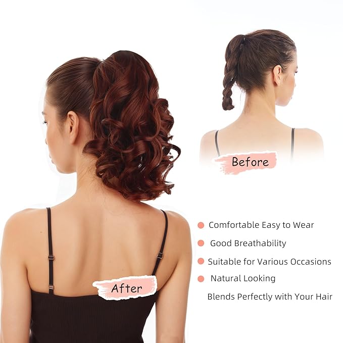 Ponytail Extension, Clip on Ponytails for Women, 12" Claw Clip in Short Curly Wavy Pony Hair Extension for Women - Auburn