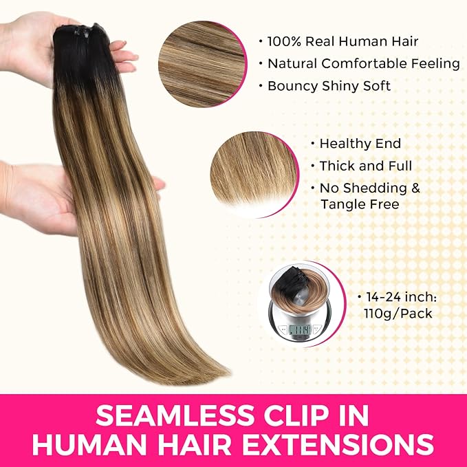 Lashey Seamless Hair Extensions Clip ins Human Hair 14 Inch 110g 7pcs Straight Seamless Clip in Hair Extensions Balayage Ash Brown to Honey Blonde Natural Hair with Dark Roots