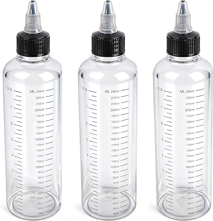 3 Pack Hair Oil Bottle, 8.5oz Plastic Squeeze Oil Applicator Bottle for Hair Scalp Root Dye Twist-On Top Tip Cap with Clear Graduated Scale