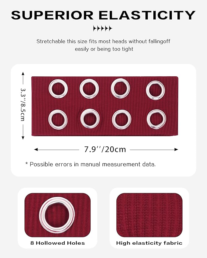 Grommet Headband for Women, Wide Burgundy 20cm Hollow Out Elastic Hair Band, Eyelets Punk Grunge Stylish Hairband