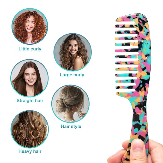 Large Wide Tooth Hair Comb, LADYAMZ [Tortoise Shell] Cellulose Acetate Round Tooth Comb for Straight/Curly Hair,Short/Long Hair Women Men or Kids, Easy Detangling Wet or Dry, Anti-static (Teal)