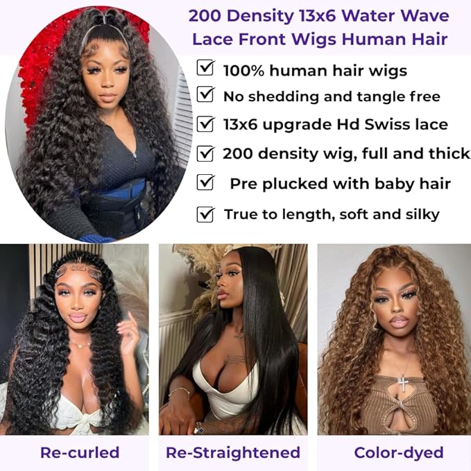 26 Inch Water Wave 13x6 HD Lace Front Wigs Human Hair Pre Plucked 200 Density Deep Part Curly Wig for Women Water Wave Frontal Wigs Human Hair