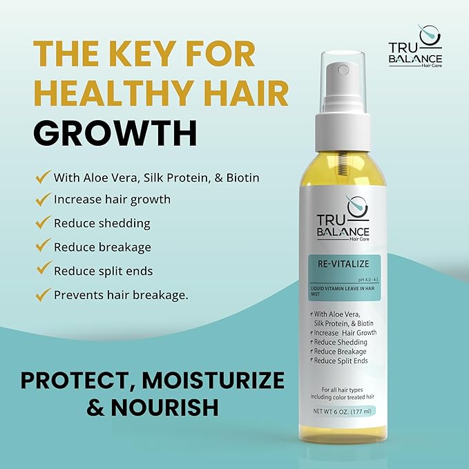 TRU-BALANCE RE-Vitalize - Liquid Vitamin Hair Mist - Adds Shine, Prevents Breakage, Anti Frizz, & Repairs Damaged Hair - Leave in Conditioner Hair Spray w/Biotin & Keratin Hair Treatment - 6 oz