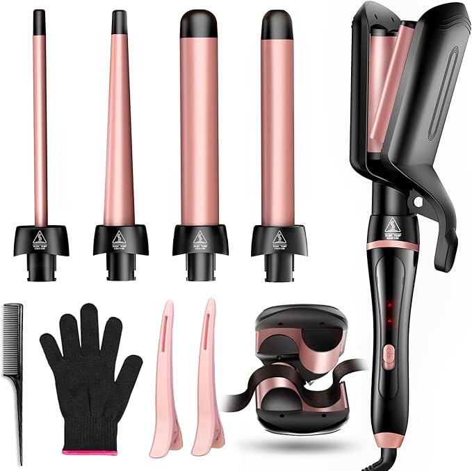 5 in 1 Curling Iron, Curling Wand Set Versatile Hair Crimper Waver 4 Interchangeable Ceramic Barrels(0.35"-1.25'') Fast Heating Dual Voltage Christmas Birthday Gifts for Women All Hair Types Travel