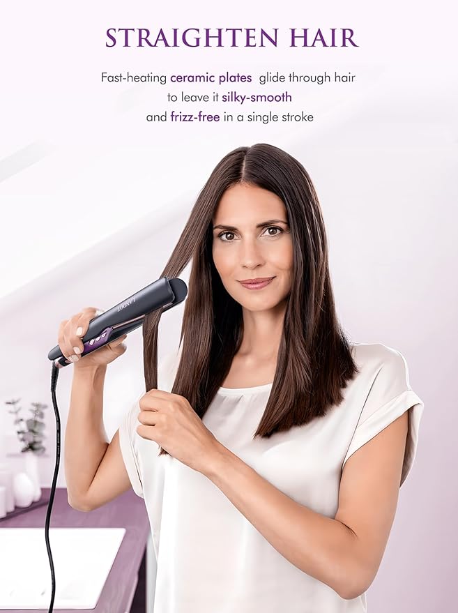 LANDOT 2-in-1 Hair Straightener & Curling Iron - Create Salon Waves, Curls & Straight Styles at Home | Floating Plates, Anti-Frizz & Tangle-Free | Dual Voltage, Temp 250-450°F for All Hair Types