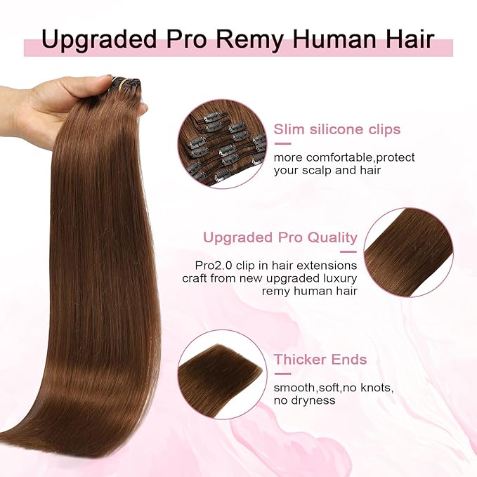 Pro2.0 Clip in Hair Extensions Real Human Hair 20inch 7pcs Color #33 Dark Auburn Copper Remy Real Human Hair Extensions Clip ins 120g Thick Seamless Double Weft for Women（#33-20inch）