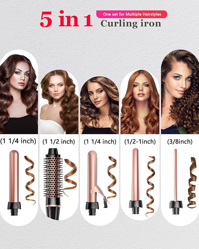 5 in 1 Curling Iron, Hair Curling Wand Set Thermal Brush 4 Interchangeable Ceramic Curling Wands (0.35"-1.25”) Fast Heat Up Dual Voltage Christmas Birthday Hair Tool Gifts for Women Travel