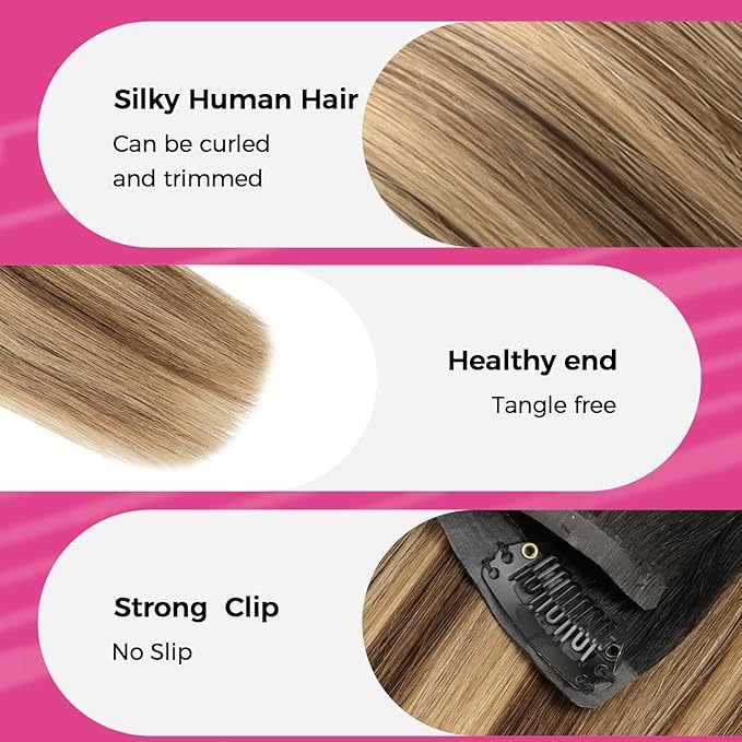 Lashey Seamless Clip in Hair Extensions Human Hair Ombre Balayage Ash Brown Highlighted Honey Blonde with Natural Black Dark Roots Hair Extensions Real Human Hair 43g 4pcs 16 Inch Straight Clip ins