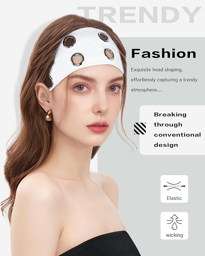 Grommet Headband for Women, White 23cm Hollow Out Elastic Hair Band, Eyelets Punk Grunge Stylish Hairband