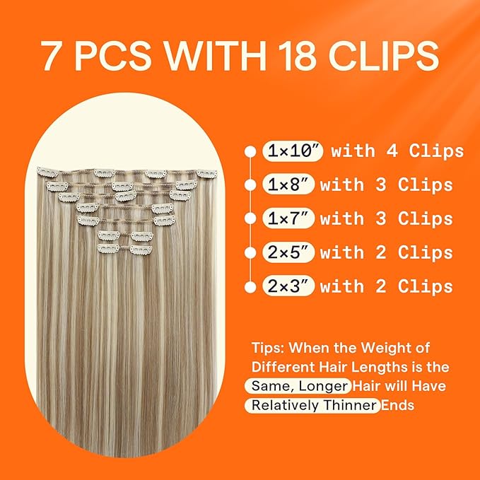 Full Shine 20 Inch Clip in Human Hair Blonde Real Hair Extensions Dirty Blonde Highlighted 7 Pcs Double Weft Brazilian Remy Hair Soft Straight Invisible Hair