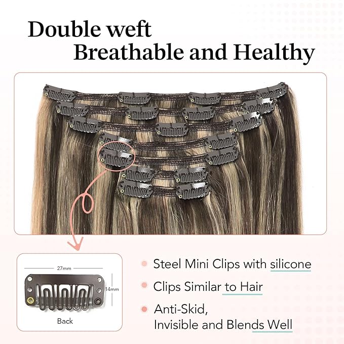 XDhair Hair Extensions Clip in Human Hair,7pcs Chocolate Brown to Caramel Blond Clip in Hair Extensions for Women 16 Inch 140g #4p27