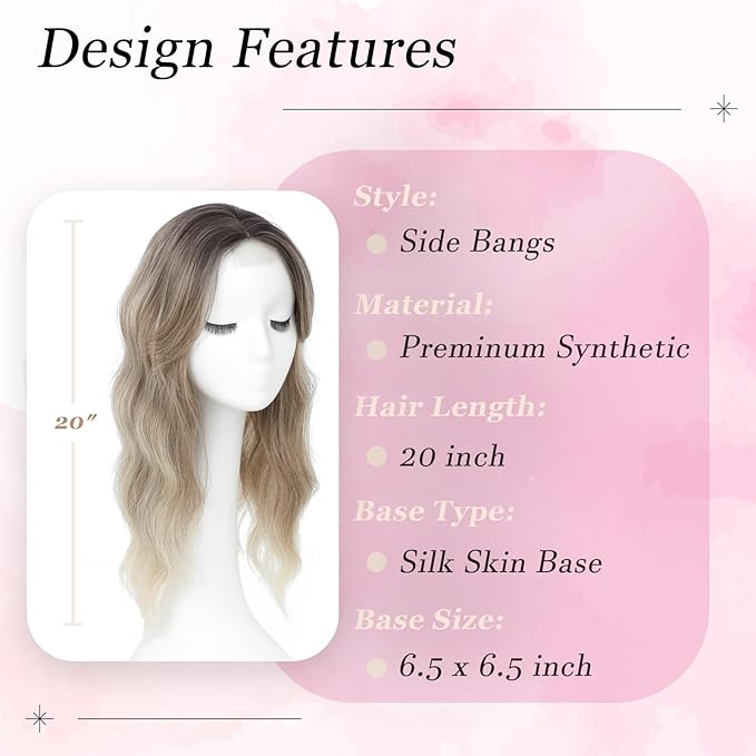 Hair Topper, 360° 3D Hair Toppers for Women with Thinning Crown, 20 Inch Long Wavy Curly Hair Pieces Clip in Bangs (Ombre Highlights Brown with Dark Root, 20 inch, Side Bangs)