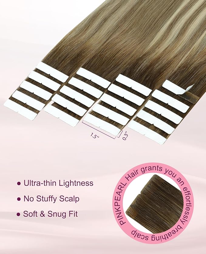 Pinkpearl Invisible Tape in Hair Extensions Human Hair, 20pcs 14inch 40g #3/8/22 Balayage Walnut Brown to Ash Brown and Golden Blonde Injection Tape in Extensions Real Remy Human Hair Injected