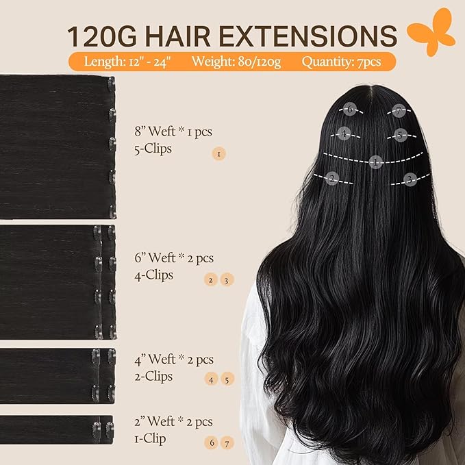 DOORES Hair Extensions Clip in Human Hair Natural Black Straight 22 Inch 7pcs 120g Clip in Human Hair Extensions Natural Straight Weft