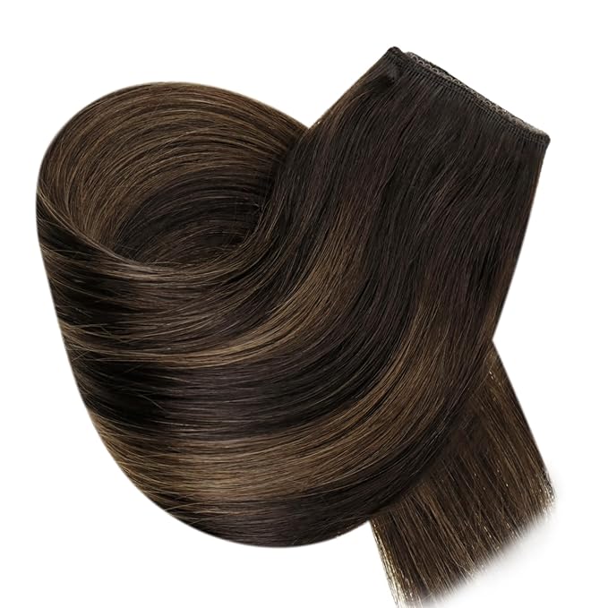 RUNATURE Wire Hair Extensions Real Human Hair 20 Inch 100g Thick Human Hair Extensions Balayage, Transparent Fish Line Extensions, Straight Smooth Natural Hair, Add Hair Volume #2/2/6