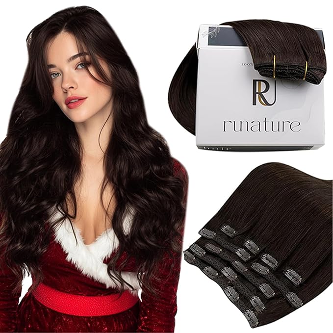 RUNATURE 24 Inch Hair Extensions Clip Ins, Brown Clip in Hair Extensions Real Human Hair, Remy Human Hair Clip in Extensions, Long Straight Hair, Easy To Apply, 135g 7pcs #2 Dark Brown