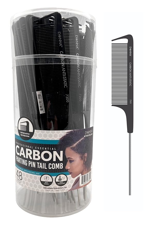 Donna Professional Essential Carbon Parting Pin Tail Comb – 48 Pack Heat Resistant & Anti-Static Combs with Metal Pin Tail for Braids, Twists & Natural Hair Sectioning – Black