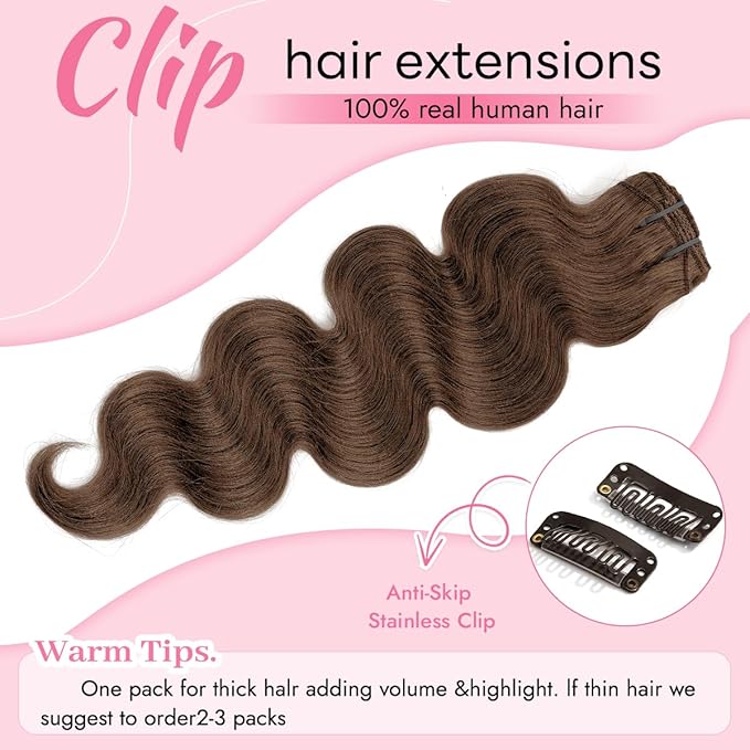 Clip in Hair Extensions Real Human Hair Body Wave 4 Chocolate Brown Clip in 100% Brazilian Remy Human Hair Extensions 8pcs Per Set with 18 Clips Double Weft 18 Inch 100g/3.6oz