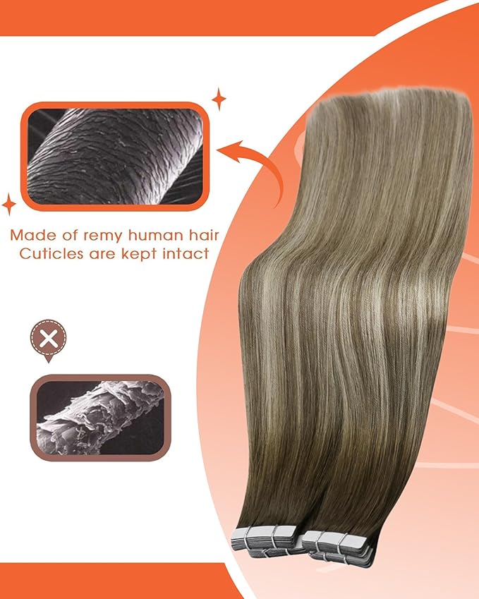 Sunny Hair Tape in Hair Extensions Real Human Hair Invisible Remy Hair Extensions Tape ins for Women Cool Brown Ombre Light Brown Balayage Medium Blonde 12 inch 20G