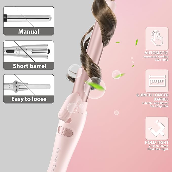 Extra-Long Barrel Rotating Curling Iron with Short Clamp, Automatic Curling Iron 1 Inch Creates Loose Curls – for Medium and Long Hair, High Heat 410°F, Instant Heat up, Double Ceramic, Dual Voltage
