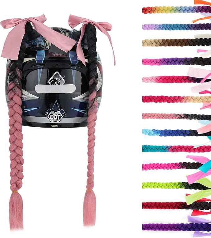 SEGO 1PCS/2PCS Helmet Pigtail Braids with Detachable Suction Cup Bowknot Ponytail Hair Many Colors (Helmet not Included)
