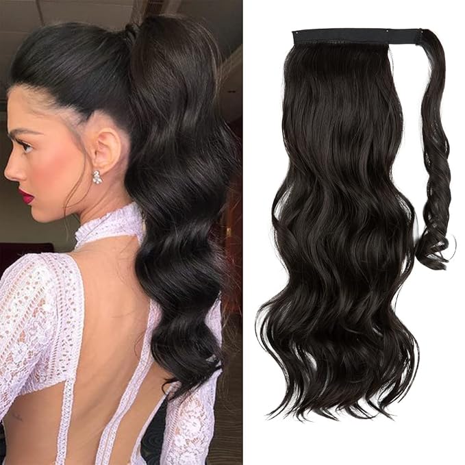 CJL HAIR 22" Long Ponytail Hair Extension Wrap Around Pony Tail Clip in Curly Wavy Synthetic Fake Hairpiece for Women Black Brown