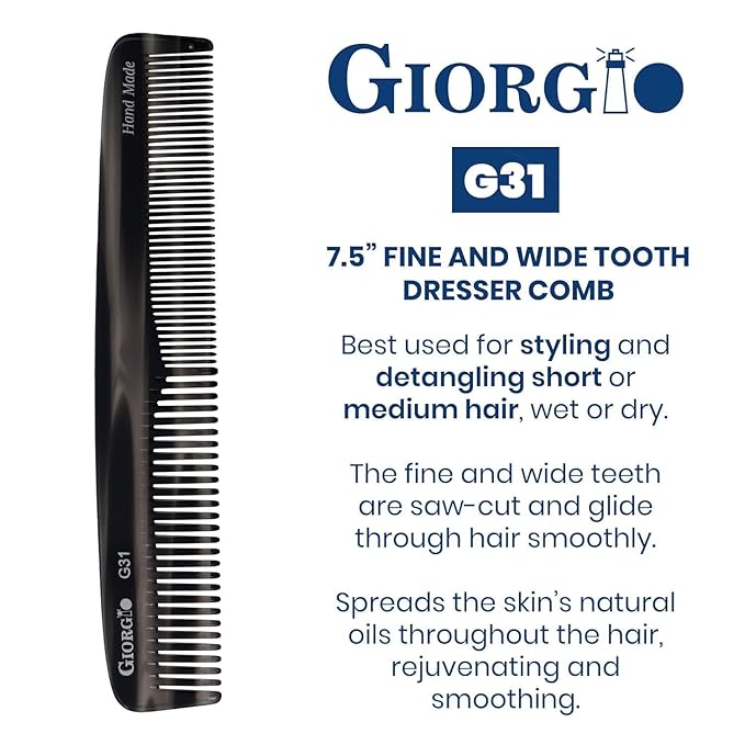 Giorgio G31 Fine Tooth and Wide Tooth, Hair Comb - Hair Styling Comb for Men, and for Women, Mens Beard Care Combs for Detangling and Styling - Handmade Saw-Cut and Hand Polished (Black Graphite)