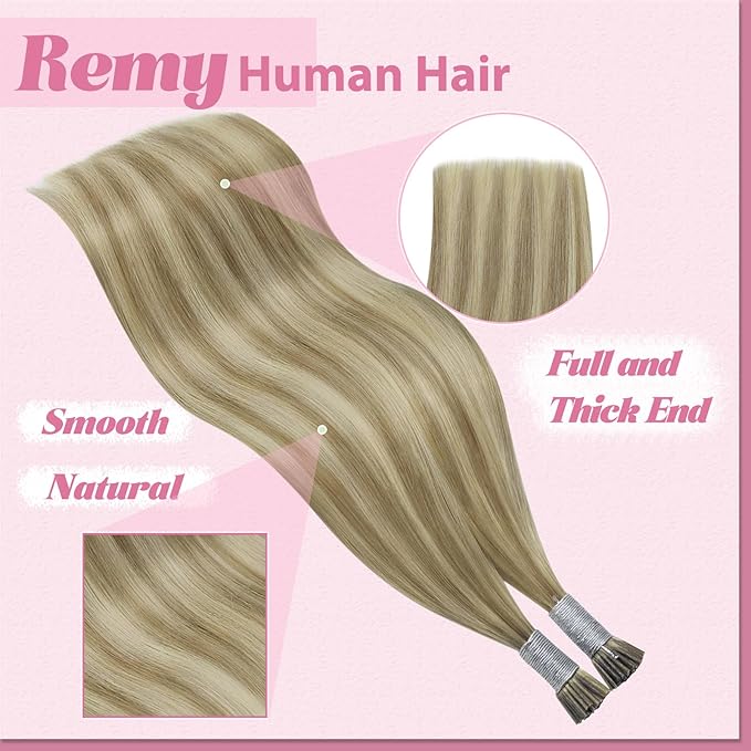 YoungSee I Tip Extensions Brown Highlight Itip Human Hair Extensions Light Brown Highlights Blonde I Tip Hair Extensions Human Hair 14 Inch 80s 50g I-Tips Extension Real Human Hair For Short Hair