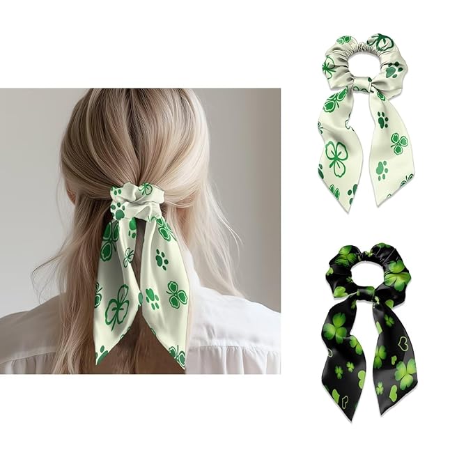 Green Four Leaf Ribbon Bow Hair Ties for Girls 2 Pcs Paw Print Scrunchies with Ribbon Tails St Patricks Theme Hair Scarf Scrunchy No Damage