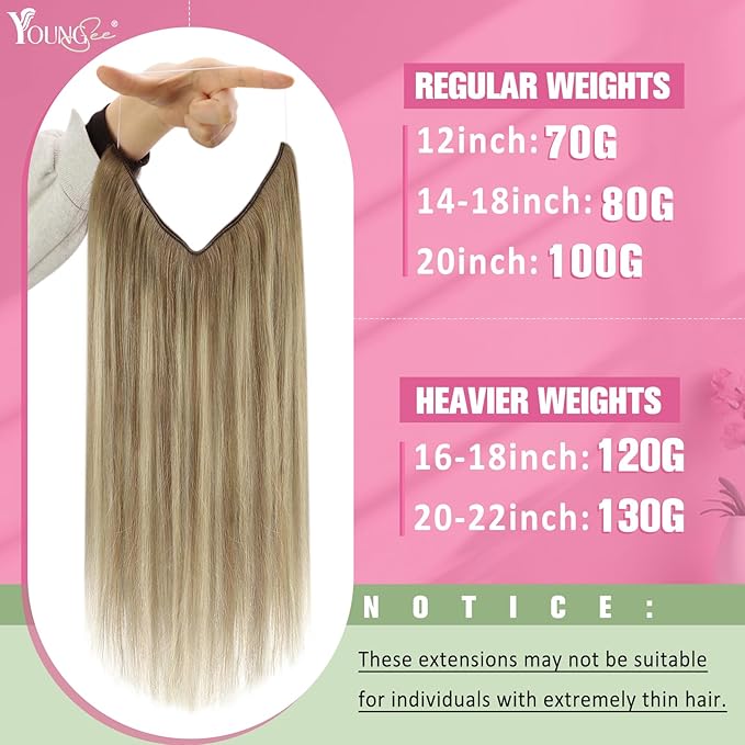 YoungSee Invisible Wire Hair Extensions Light Brown Wire Human Hair Extensions Balayage Light Brown Mix Platinum Blonde Soft Hair One Piece Hair Extension Real Human Hair 80G 14In