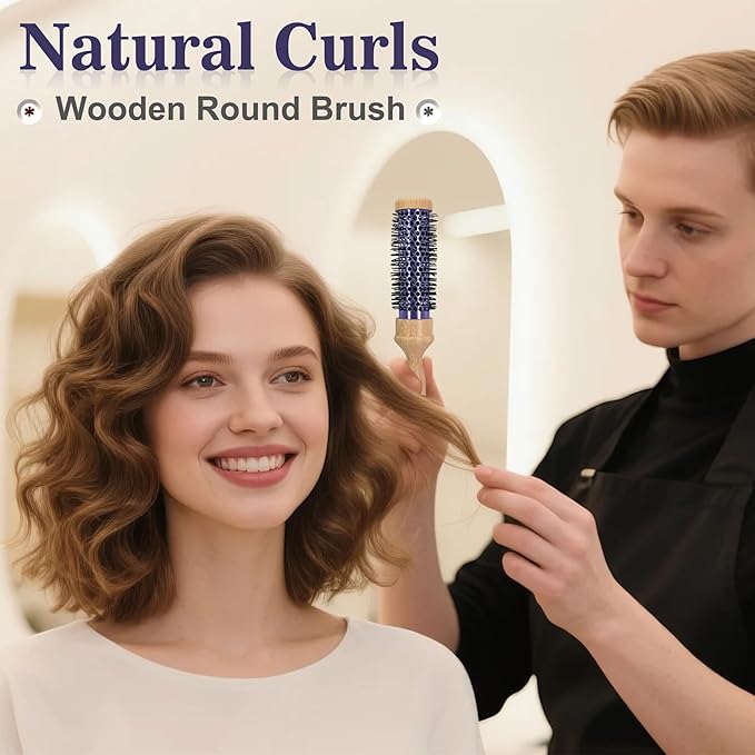 SUNBIRD Small Round Brush for Blow Drying - Wood Handle Professional Blowout Brush with Aluminium Ceramic Ionic Thermal Barrel for Smooth Hair, Volume & Heat Curly Styling (Outer Diameter1.7Inch)