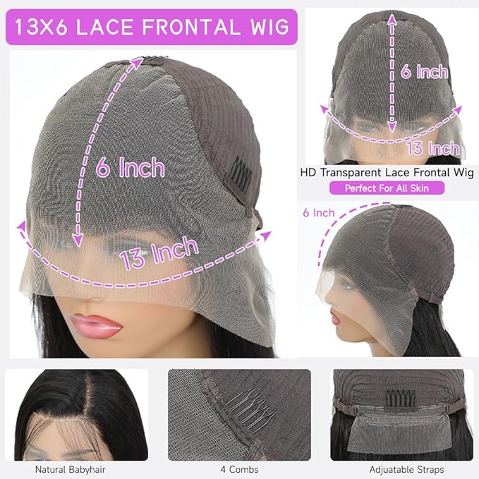13x6 Lace Front Wigs Human Hair 200 Density Straight Wigs Human Hair Glueless Wigs Pre Plucked No Tangle Shedding Silky Soft Smooth HD Frontal Wig for Women Natural Color 24 Inch