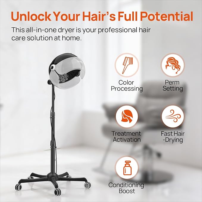 1875W Ionic Standing Hair Dryer, Professional Salon Bonnet Dryer on Wheels, Adjustable Hood & Height, 3 Heat Settings, Quick Shut-Off Rolling Hair Steamer Machine for Deep Conditioning & Styling, Gray