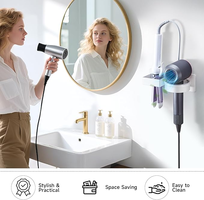 Blow Dryer Holder Wall Mounted, Hair Straightener Holder, Hair Dryer Holder Adhesive, Hair Tool Organizer for Flat Iron, Hairdryer, Curling Iron Holder for Bathroom Vanity Barber Shop (White)