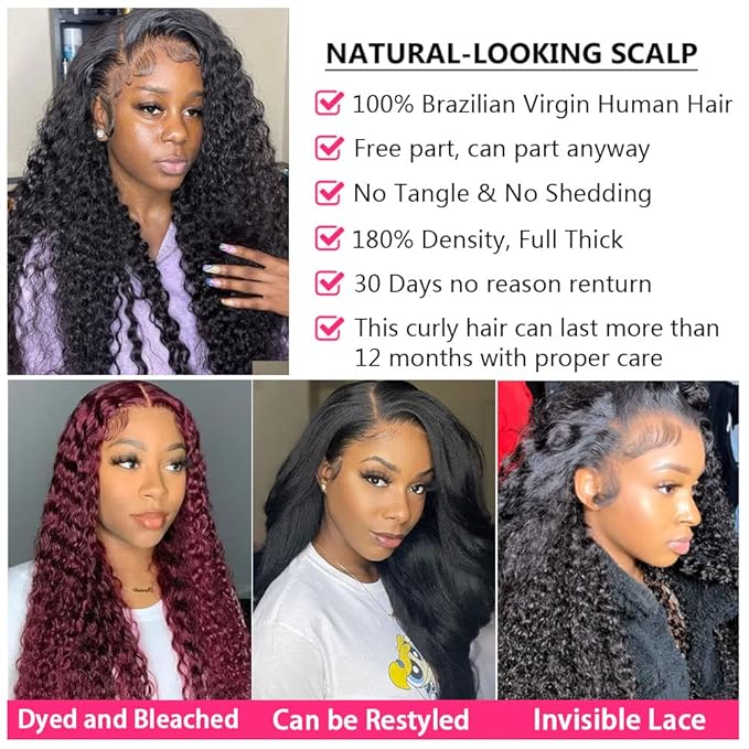 Deep Wave Lace Front Wigs Human Hair 180% Density Curly Lace Front Wig Human Hair Wet and Wavy Wig 13x4 HD Lace Frontal Wigs 20 Inch Glueless Curly Wigs for Black Women Pre Plucked