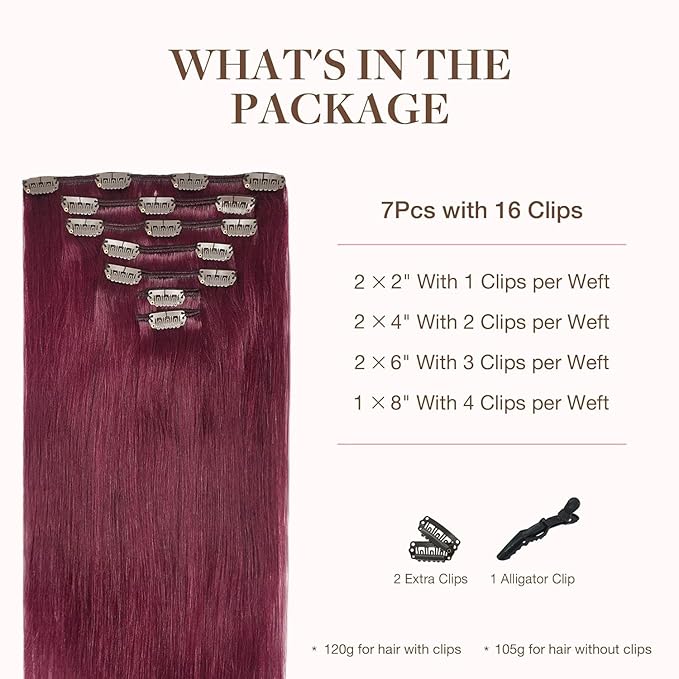 GOO GOO Clip in Hair Extensions Real Human Hair, Remy Human Hair Extensions Clip ins for Women, Natural Human Hair, 16inch 120g 7Pcs, 530 Burgundy