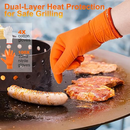 BBQ Gloves for Grilling Disposable Heat Resistant - 100 Nitrile Gloves + 4 Reusable Cotton Liners for Cooking Smoker -Orange Large