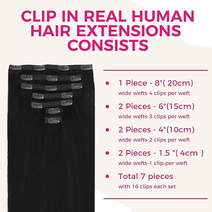 Lashey Clip in Hair Extensions 7pcs 120g #1 Jet Black Straight Human Hair Clip in Extensions for Women 16 Inch Thick Hair Extensions with Full Ends